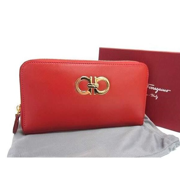 Ferragamo Handbags - Ferragamo Double Gancini Leather Round Zip Long Wallet Red